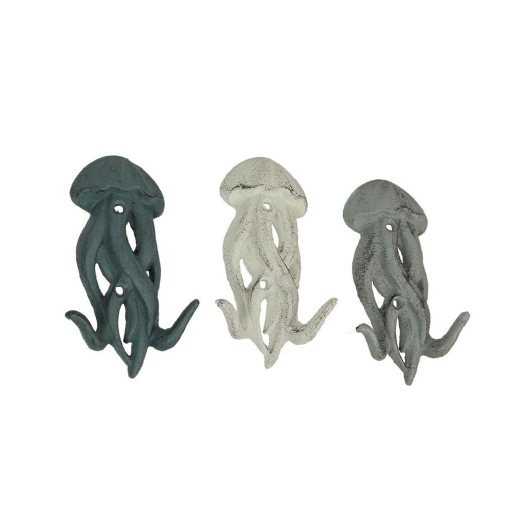 Set of 3 Cast Iron Jellyfish Wall Hooks 5 Inches High Coastal Decor
